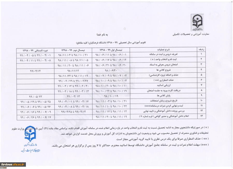 برنامه امتحانی و ارزشیابی اساتید نیمسال اول 98/99 2